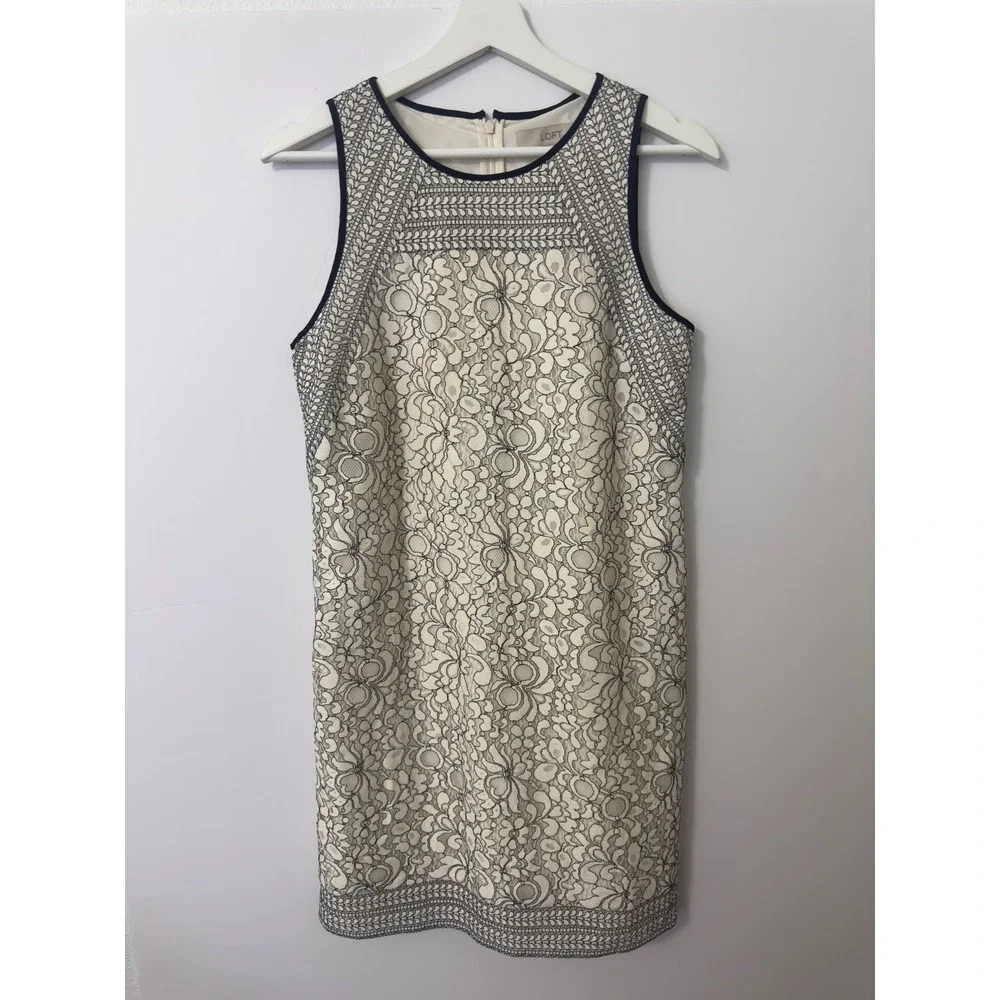 LOFT Floral Lace Shift Dress Womens 4 Ivory Black Sleeveless Cocktail‎ Wedding